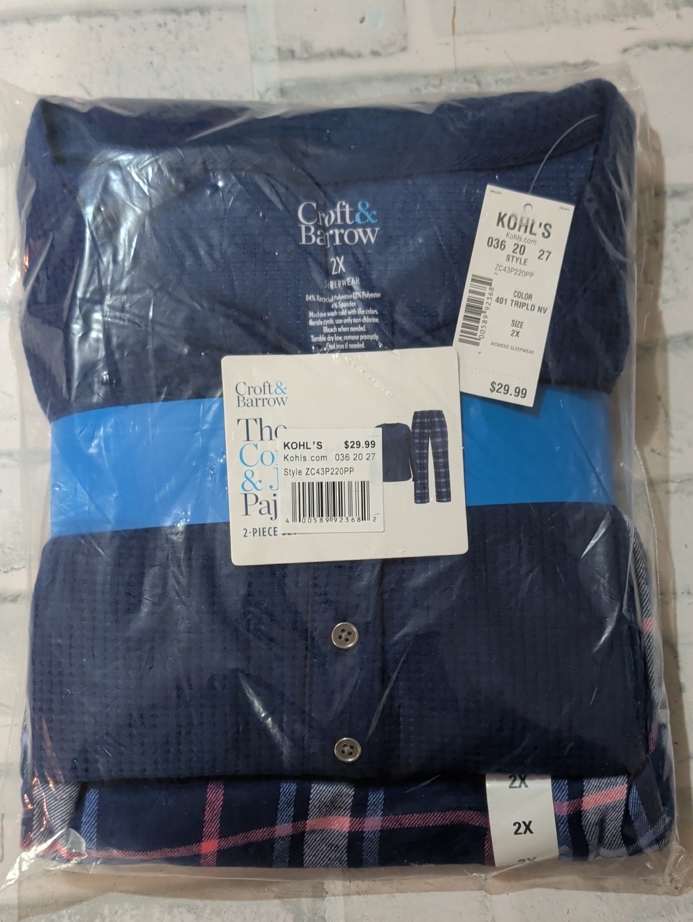 Croft & Barrow Navy and Pink Plaid Two-Piece Pajama Set